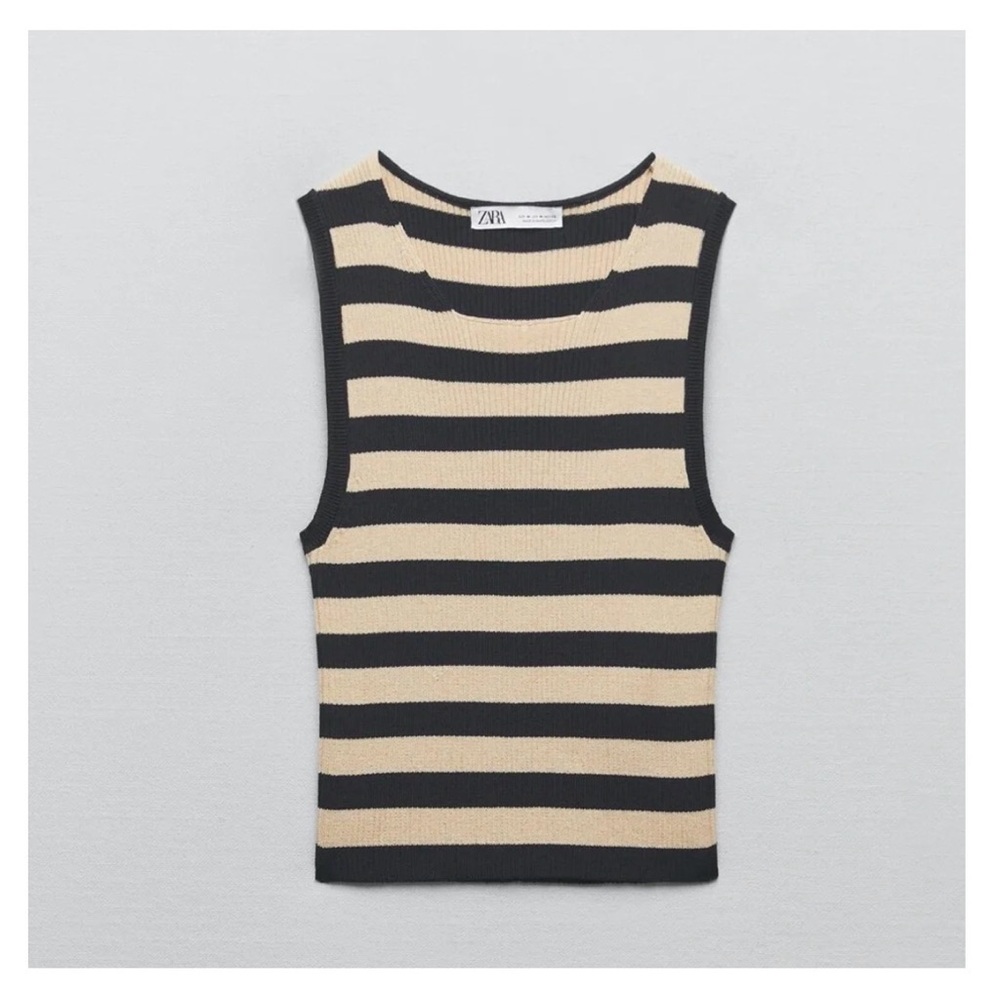 Zara Black and Cream Striped Sleeveless Knit Tank